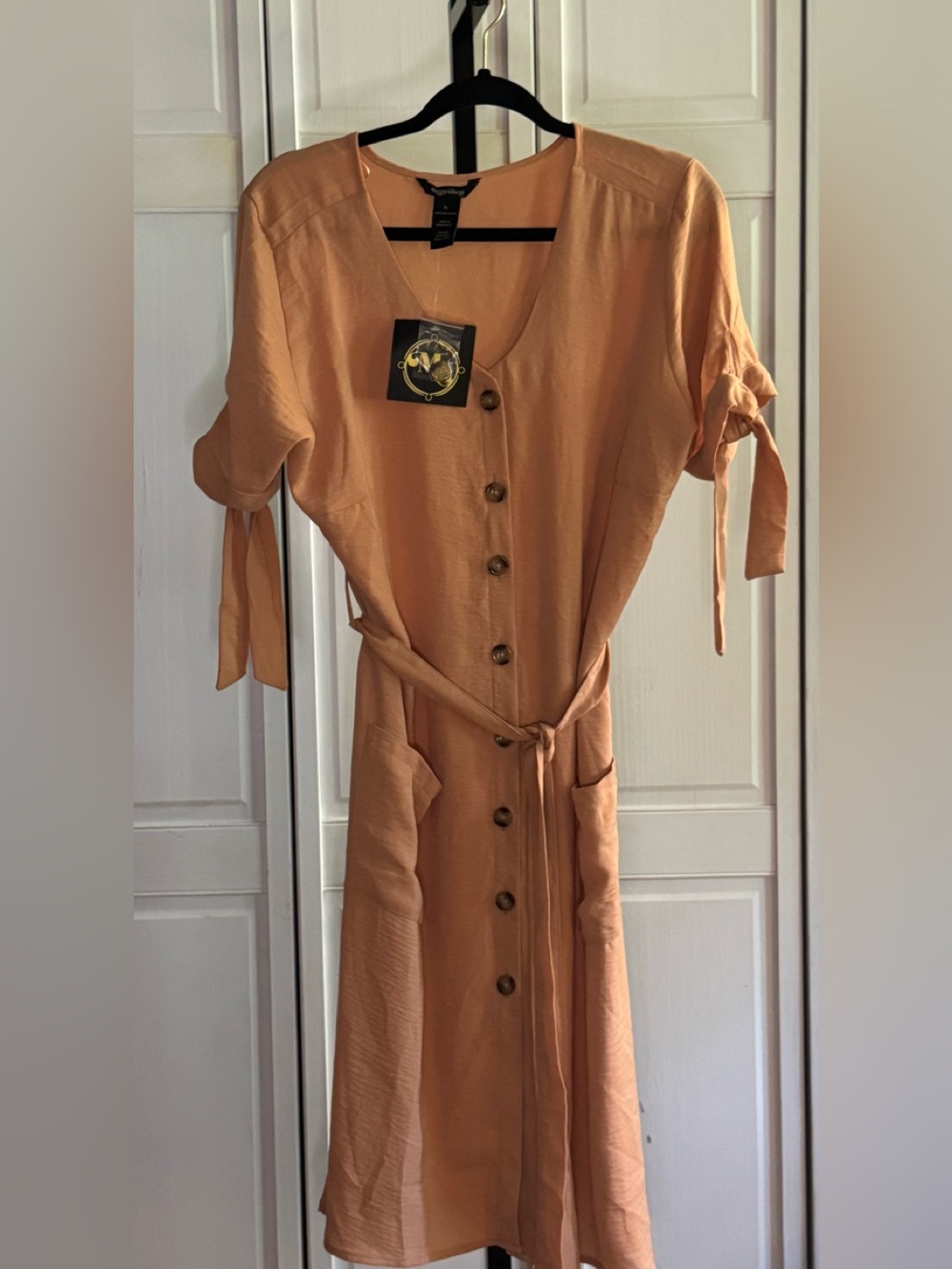 Button-Front Midi Dress in Peach with Tie Waist